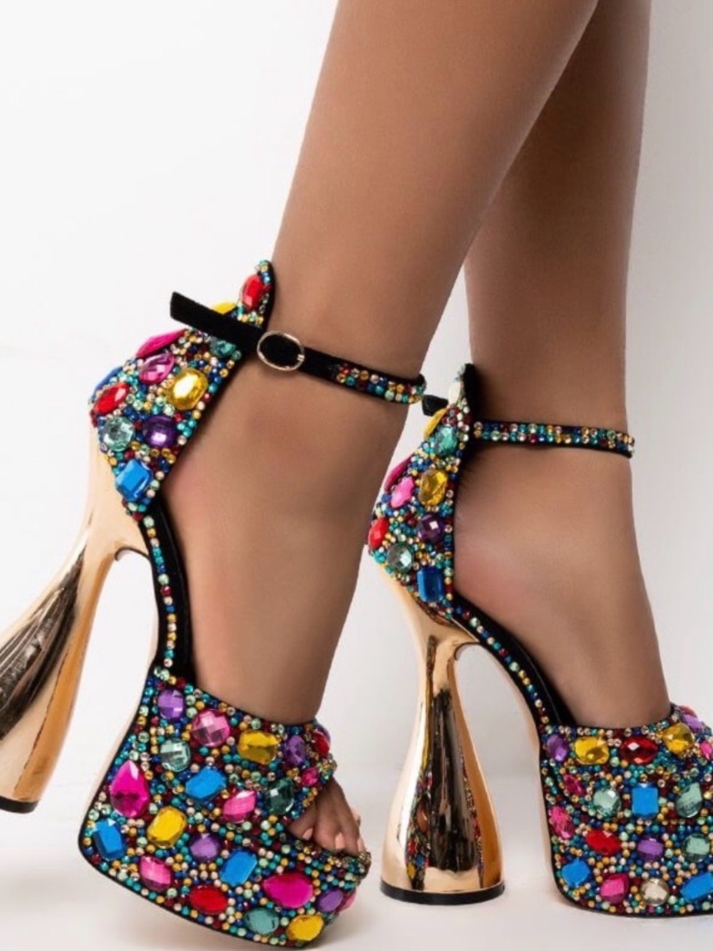 Multicolor Jeweled Platform Heels with Gold Accent - Women